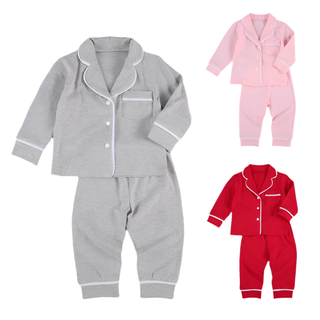 Infant Kids Baby Girls Boys 2Pcs 100% Cotton Pajama Sets Long Sleeve Jacket Shirt Pants Solid Sleepwear 6M-5Y