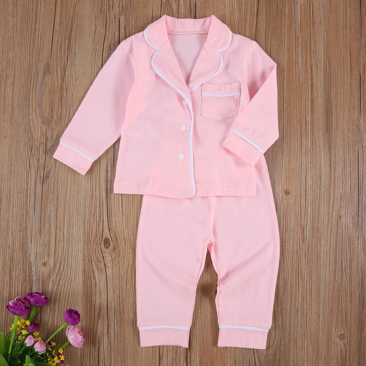 Infant Kids Baby Girls Boys 2Pcs 100% Cotton Pajama Sets Long Sleeve Jacket Shirt Pants Solid Sleepwear 6M-5Y