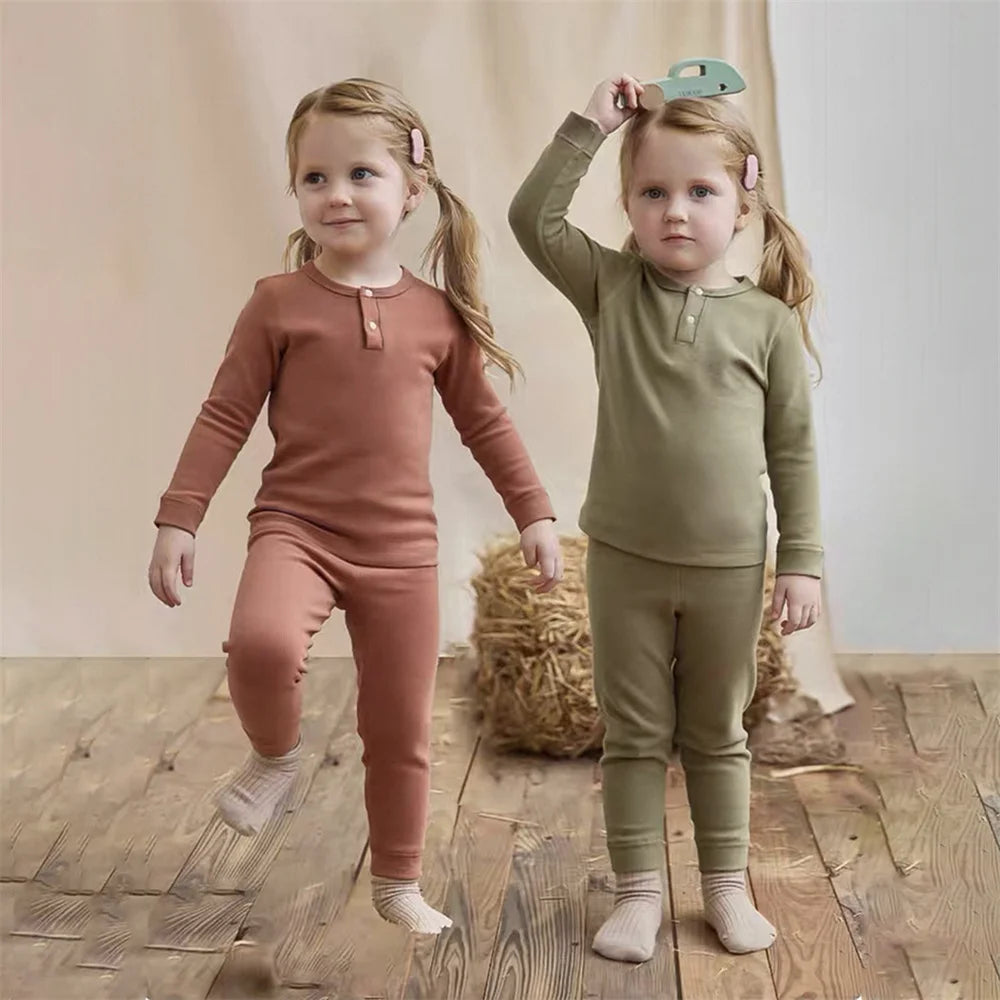 Spring Autumn Toddler Pajamas Suit Solid Color Cotton Kids Tops + Leggings Baby Boy Girl Clothes Suit