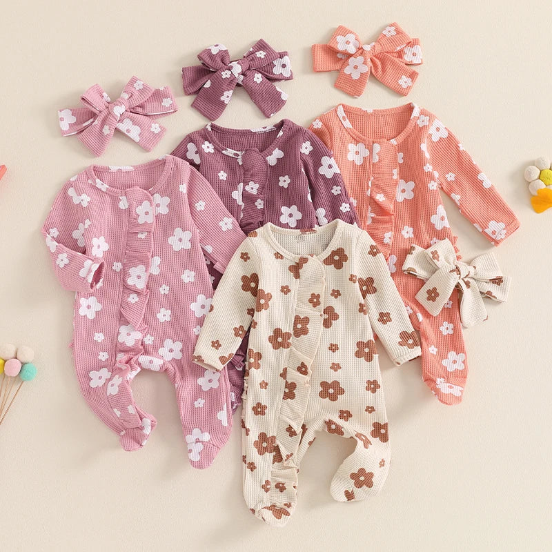 FOCUSNORM Lovely Baby Girls Boys Romper Sets 0-12M Long Sleeve Flowers Print Frills Zipped Ruffles Footies Jumpsuit Headband