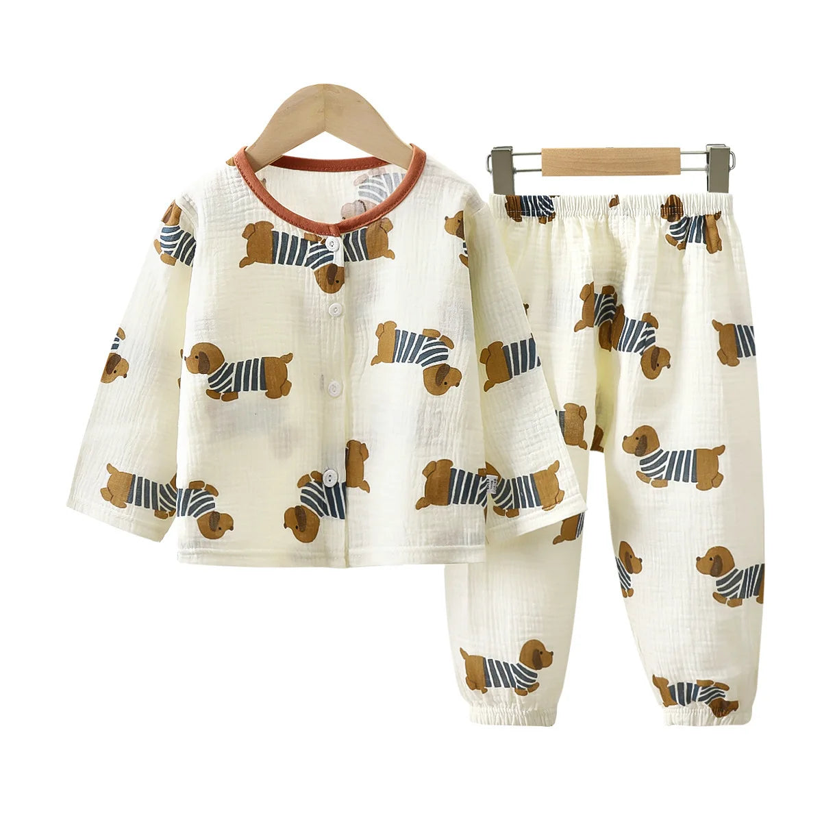 Girls Summer Cotton Gauze Thin Pajamas Home Wear Cartoon Floral Print Long Sleeve Lace Trimmed Sleepwear Baby  Clothing Set