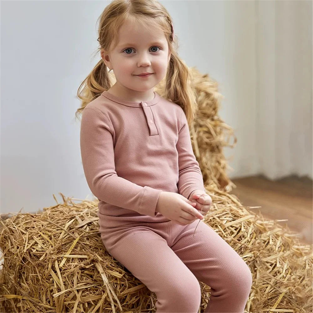 Spring Autumn Toddler Pajamas Suit Solid Color Cotton Kids Tops + Leggings Baby Boy Girl Clothes Suit