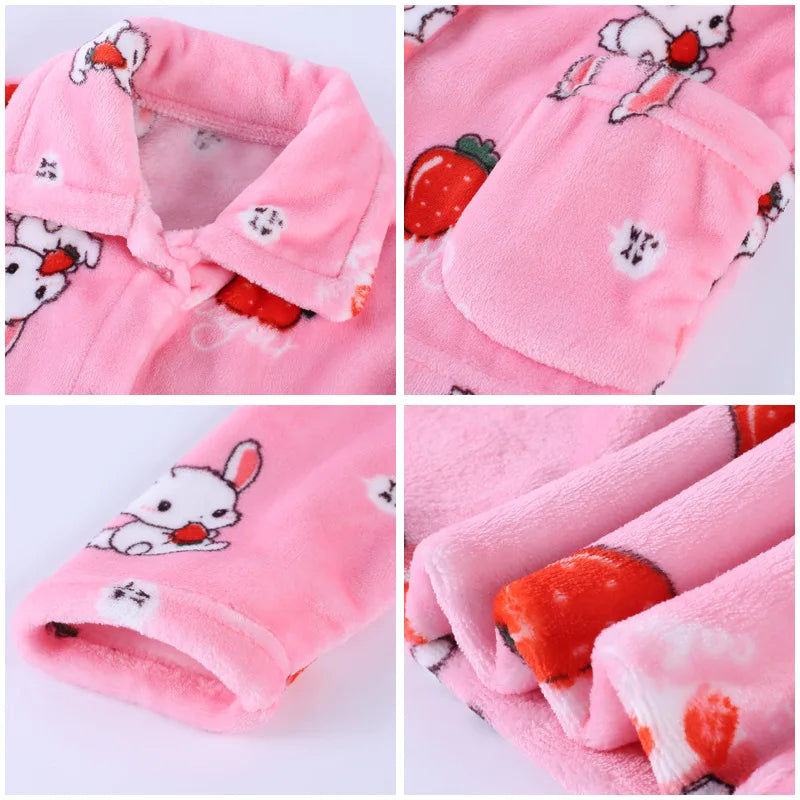 Thickened Warm Children Pajamas Autumn Winter Flannel Girls Home Wear Set Boys Long-Sleeved Cardigan Sleepwear Boys Small Medium