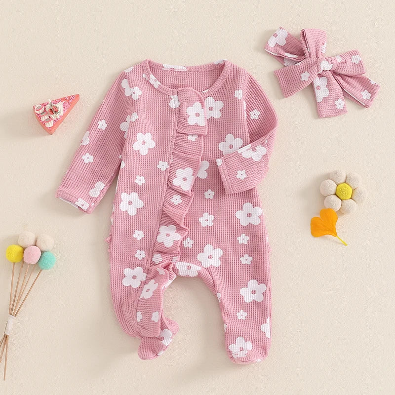 FOCUSNORM Lovely Baby Girls Boys Romper Sets 0-12M Long Sleeve Flowers Print Frills Zipped Ruffles Footies Jumpsuit Headband