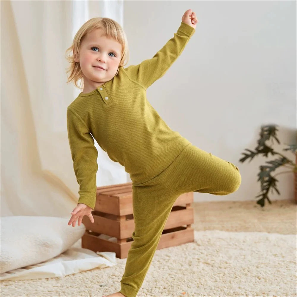 Spring Autumn Toddler Pajamas Suit Solid Color Cotton Kids Tops + Leggings Baby Boy Girl Clothes Suit