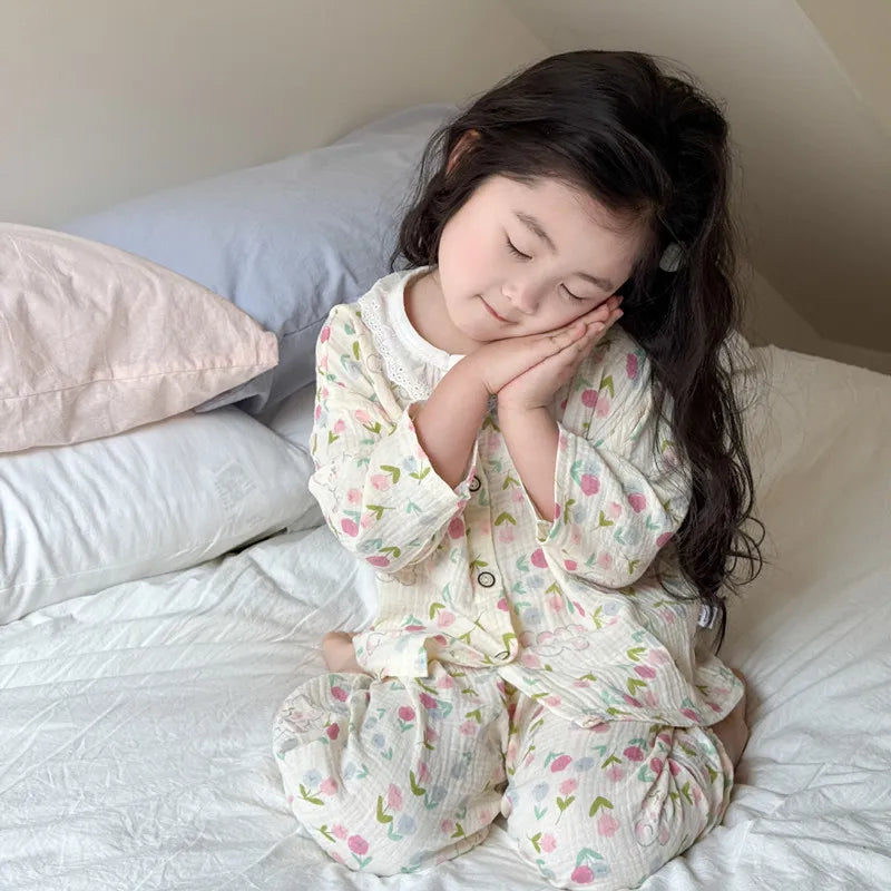 Girls Homewear Set Mom Daughter Family Matching Clothes Suit Lace Princess Pajama Muslin Cotton Outfit Baby Sleepwear Tops+Pants