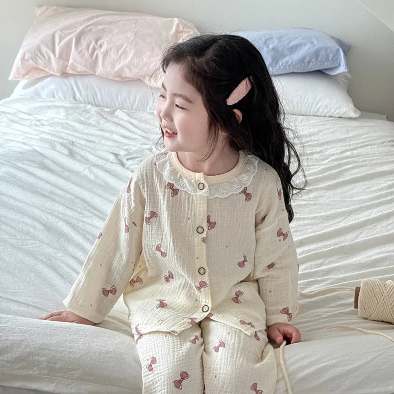 Girls Homewear Set Mom Daughter Family Matching Clothes Suit Lace Princess Pajama Muslin Cotton Outfit Baby Sleepwear Tops+Pants