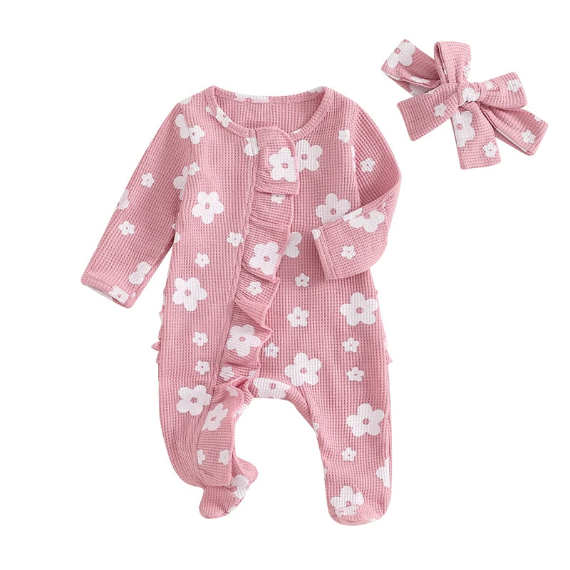 FOCUSNORM Lovely Baby Girls Boys Romper Sets 0-12M Long Sleeve Flowers Print Frills Zipped Ruffles Footies Jumpsuit Headband