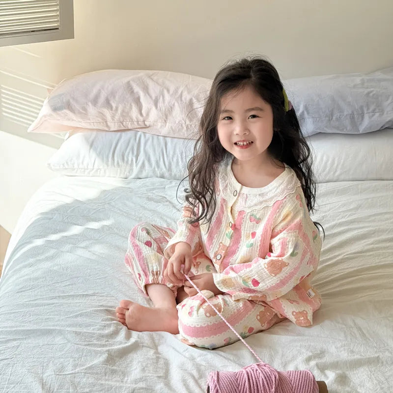 Girls Homewear Set Mom Daughter Family Matching Clothes Suit Lace Princess Pajama Muslin Cotton Outfit Baby Sleepwear Tops+Pants