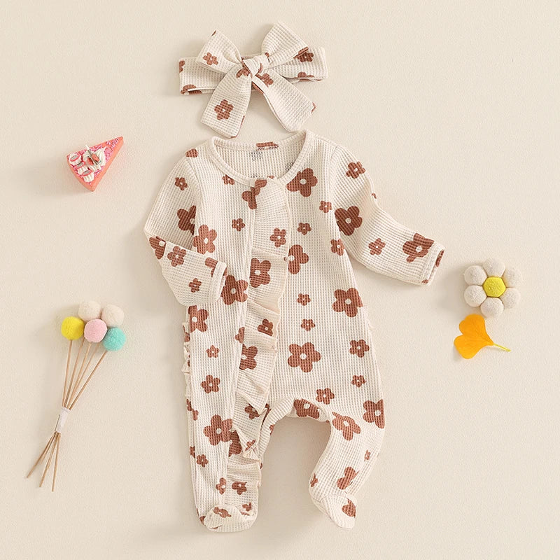 FOCUSNORM Lovely Baby Girls Boys Romper Sets 0-12M Long Sleeve Flowers Print Frills Zipped Ruffles Footies Jumpsuit Headband