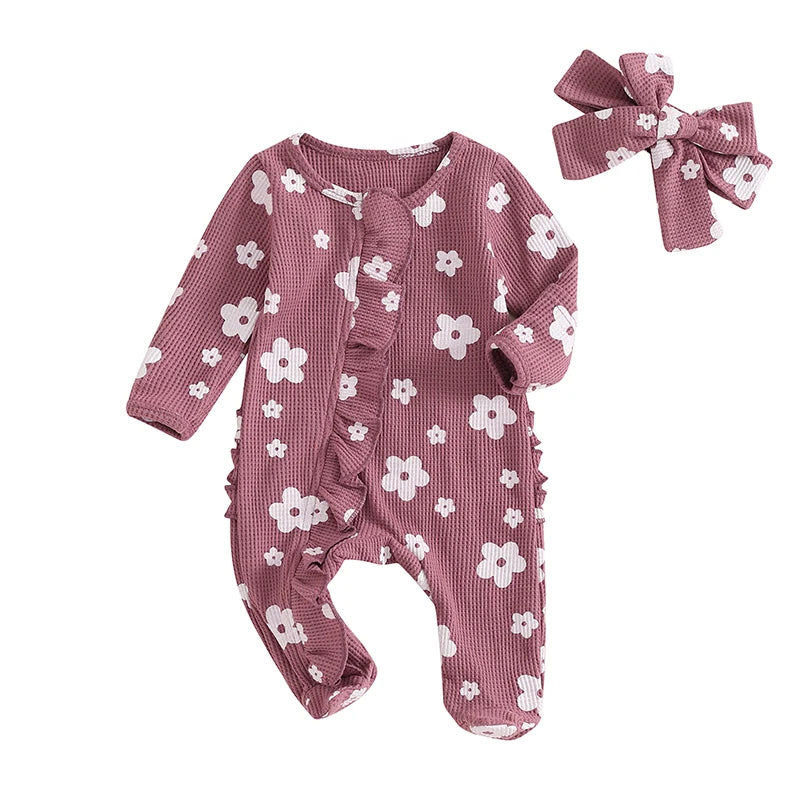 FOCUSNORM Lovely Baby Girls Boys Romper Sets 0-12M Long Sleeve Flowers Print Frills Zipped Ruffles Footies Jumpsuit Headband