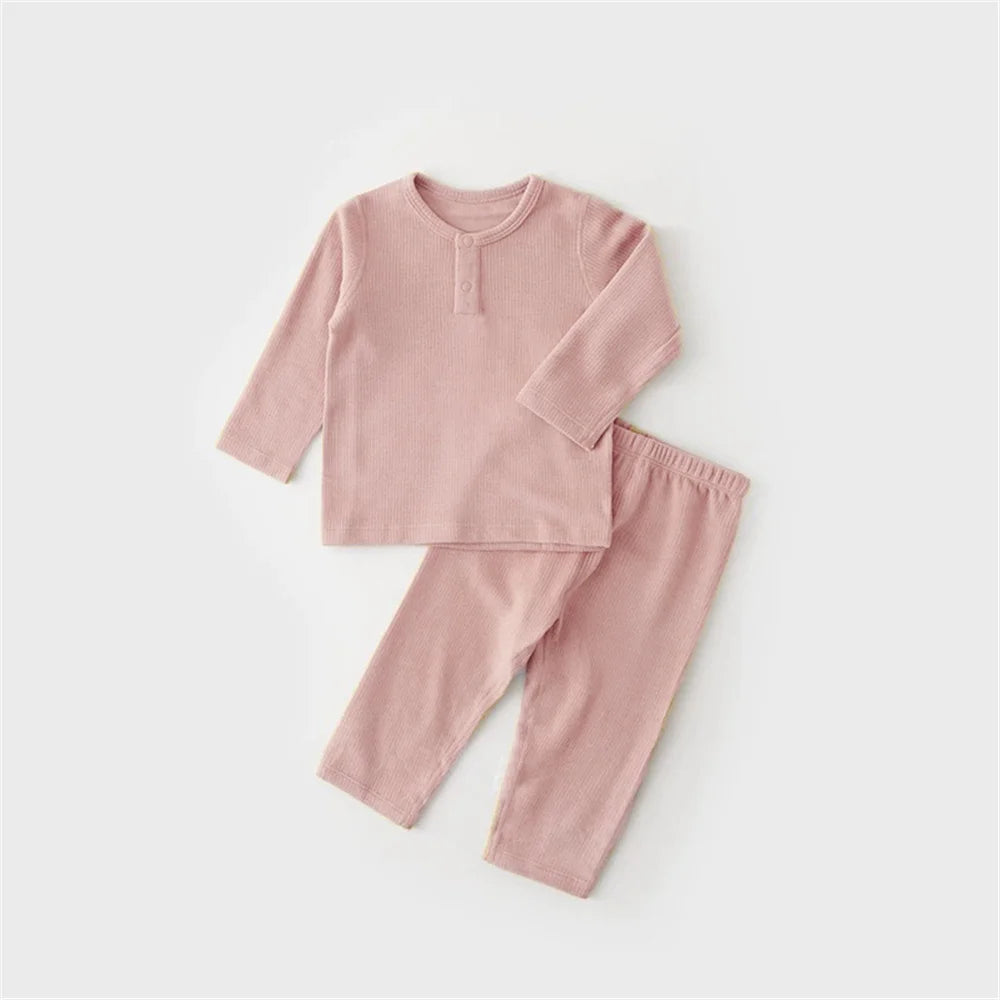 Spring Autumn Toddler Pajamas Suit Solid Color Cotton Kids Tops + Leggings Baby Boy Girl Clothes Suit