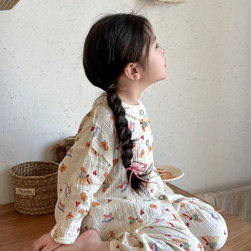 Girls Homewear Set Mom Daughter Family Matching Clothes Suit Lace Princess Pajama Muslin Cotton Outfit Baby Sleepwear Tops+Pants