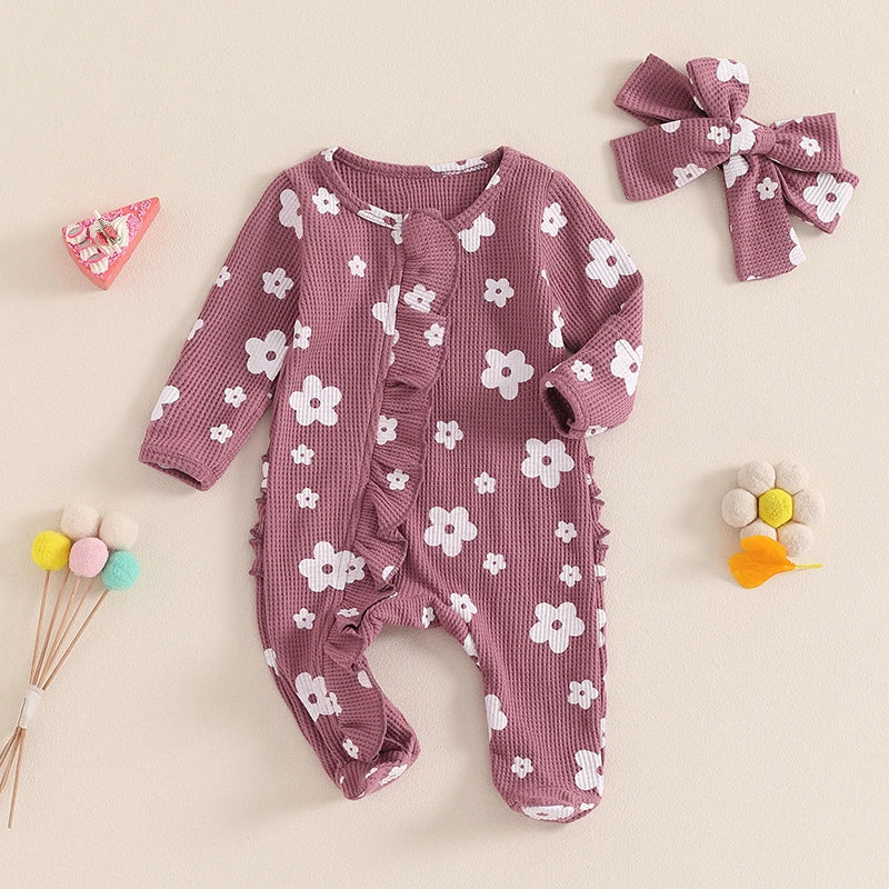 FOCUSNORM Lovely Baby Girls Boys Romper Sets 0-12M Long Sleeve Flowers Print Frills Zipped Ruffles Footies Jumpsuit Headband