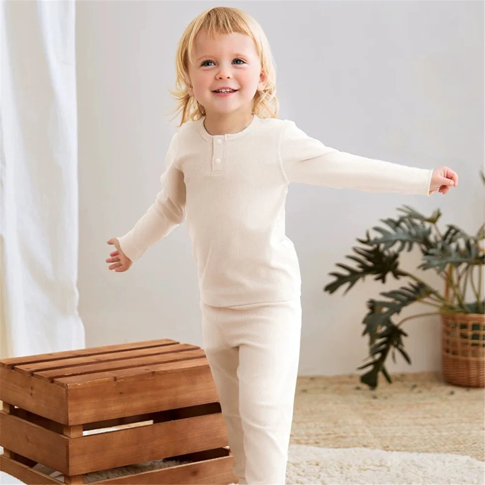 Spring Autumn Toddler Pajamas Suit Solid Color Cotton Kids Tops + Leggings Baby Boy Girl Clothes Suit