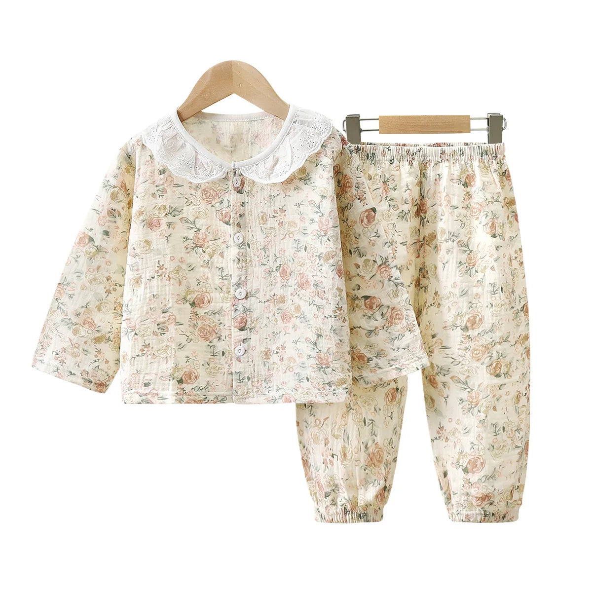 Girls Summer Cotton Gauze Thin Pajamas Home Wear Cartoon Floral Print Long Sleeve Lace Trimmed Sleepwear Baby  Clothing Set