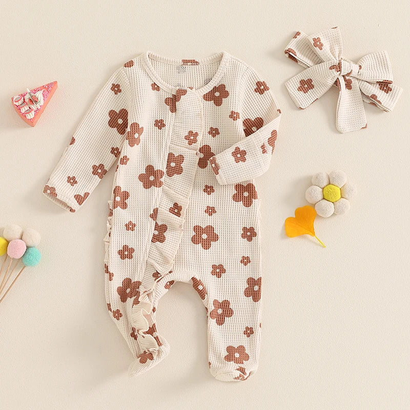 FOCUSNORM Lovely Baby Girls Boys Romper Sets 0-12M Long Sleeve Flowers Print Frills Zipped Ruffles Footies Jumpsuit Headband