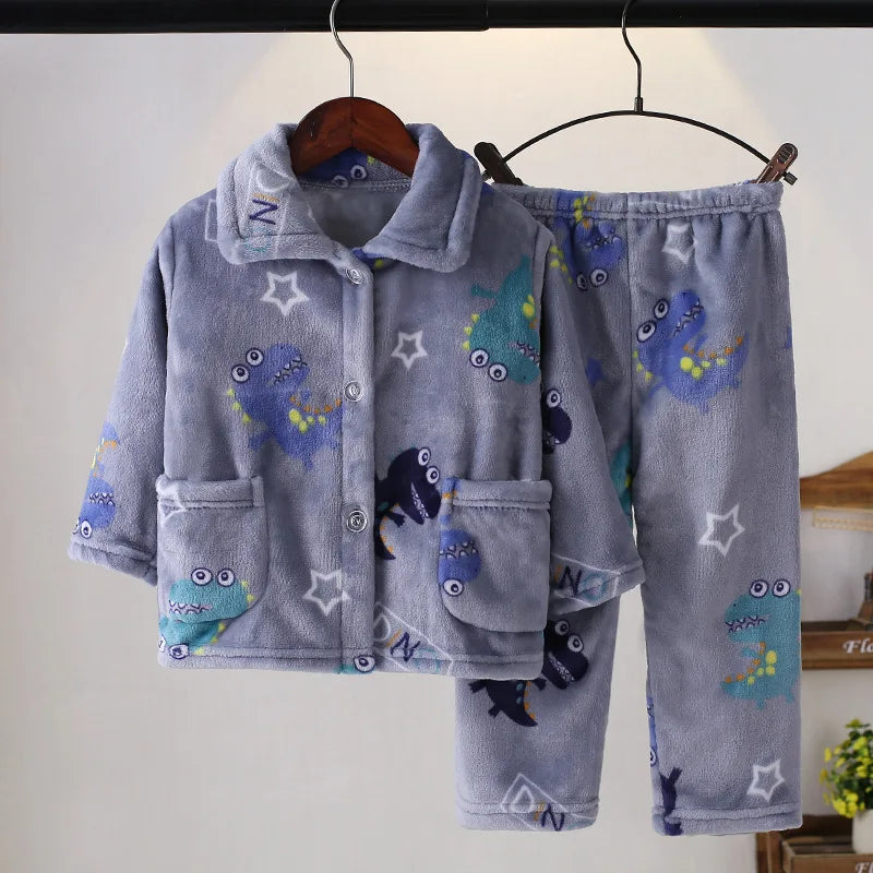 Thickened Warm Children Pajamas Autumn Winter Flannel Girls Home Wear Set Boys Long-Sleeved Cardigan Sleepwear Boys Small Medium