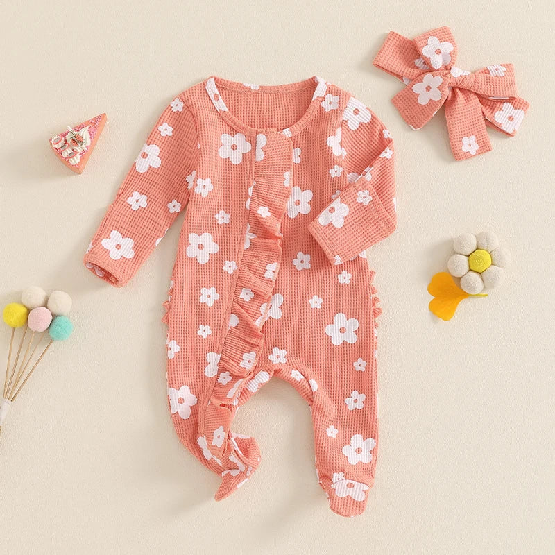 FOCUSNORM Lovely Baby Girls Boys Romper Sets 0-12M Long Sleeve Flowers Print Frills Zipped Ruffles Footies Jumpsuit Headband
