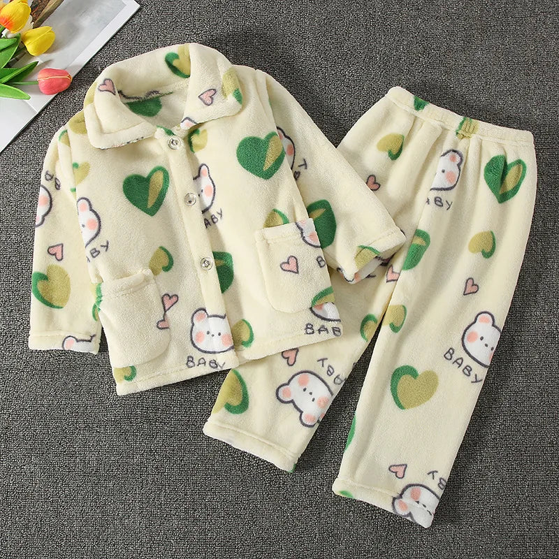 Thickened Warm Children Pajamas Autumn Winter Flannel Girls Home Wear Set Boys Long-Sleeved Cardigan Sleepwear Boys Small Medium