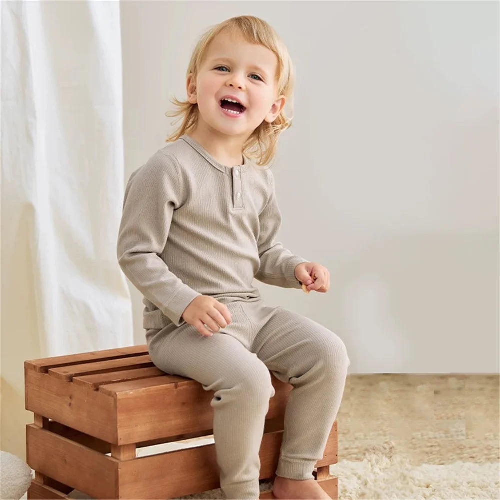 Spring Autumn Toddler Pajamas Suit Solid Color Cotton Kids Tops + Leggings Baby Boy Girl Clothes Suit