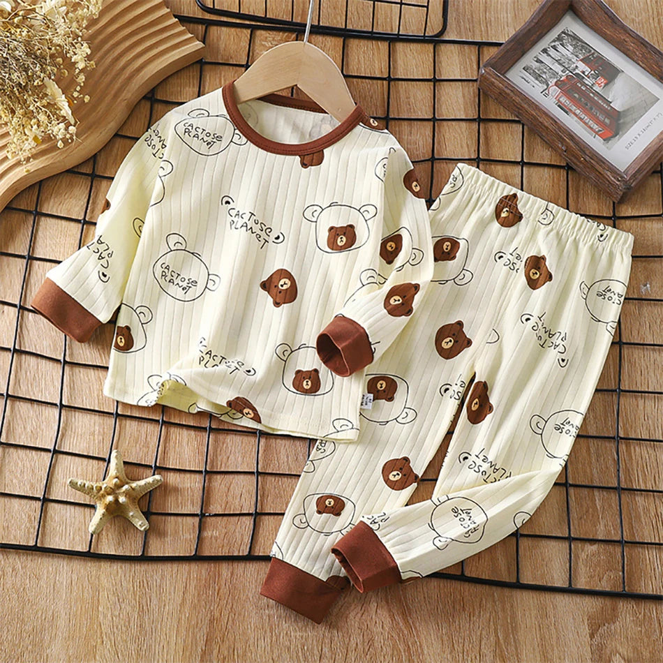 Kids Casual Autumn Long Sleeve Pajamas Set Boys and Girls Cartoon Print Home Wear Comfortable Soft Fabric Sleepwear