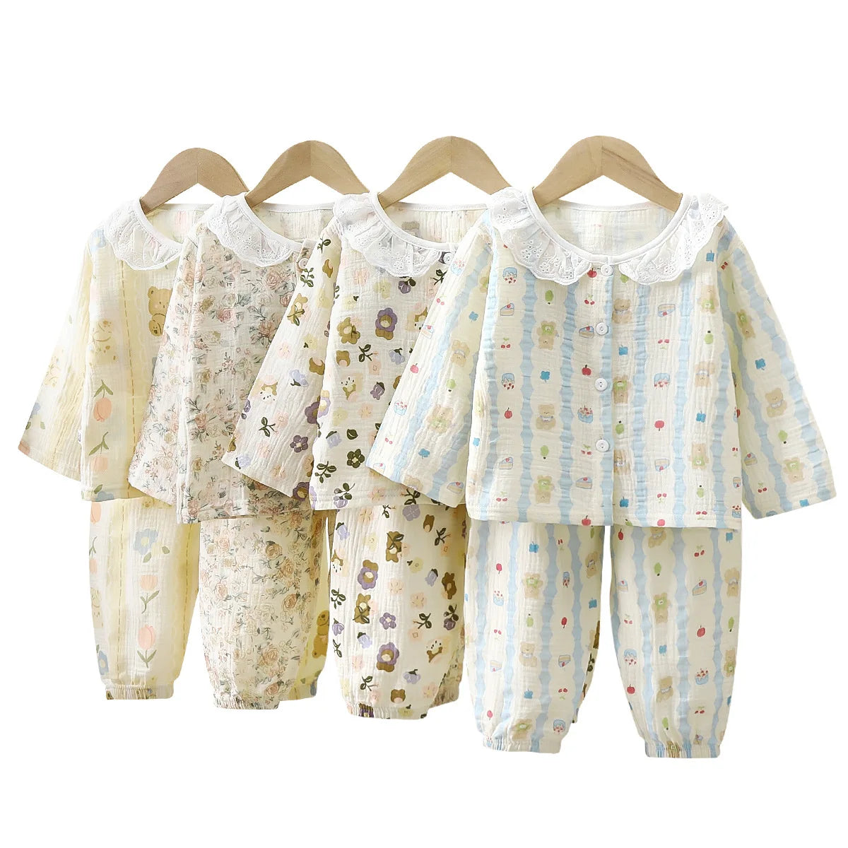 Girls Summer Cotton Gauze Thin Pajamas Home Wear Cartoon Floral Print Long Sleeve Lace Trimmed Sleepwear Baby  Clothing Set