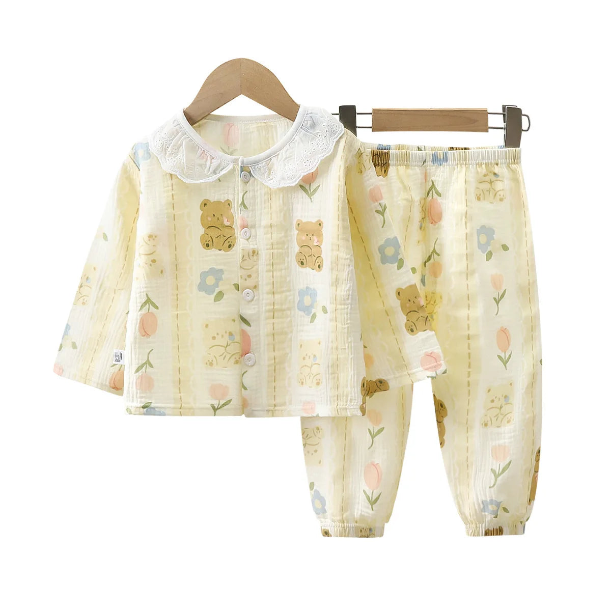 Girls Summer Cotton Gauze Thin Pajamas Home Wear Cartoon Floral Print Long Sleeve Lace Trimmed Sleepwear Baby  Clothing Set