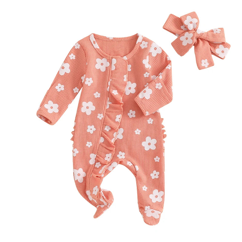 FOCUSNORM Lovely Baby Girls Boys Romper Sets 0-12M Long Sleeve Flowers Print Frills Zipped Ruffles Footies Jumpsuit Headband