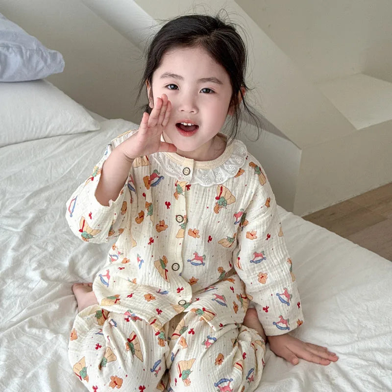 Girls Homewear Set Mom Daughter Family Matching Clothes Suit Lace Princess Pajama Muslin Cotton Outfit Baby Sleepwear Tops+Pants