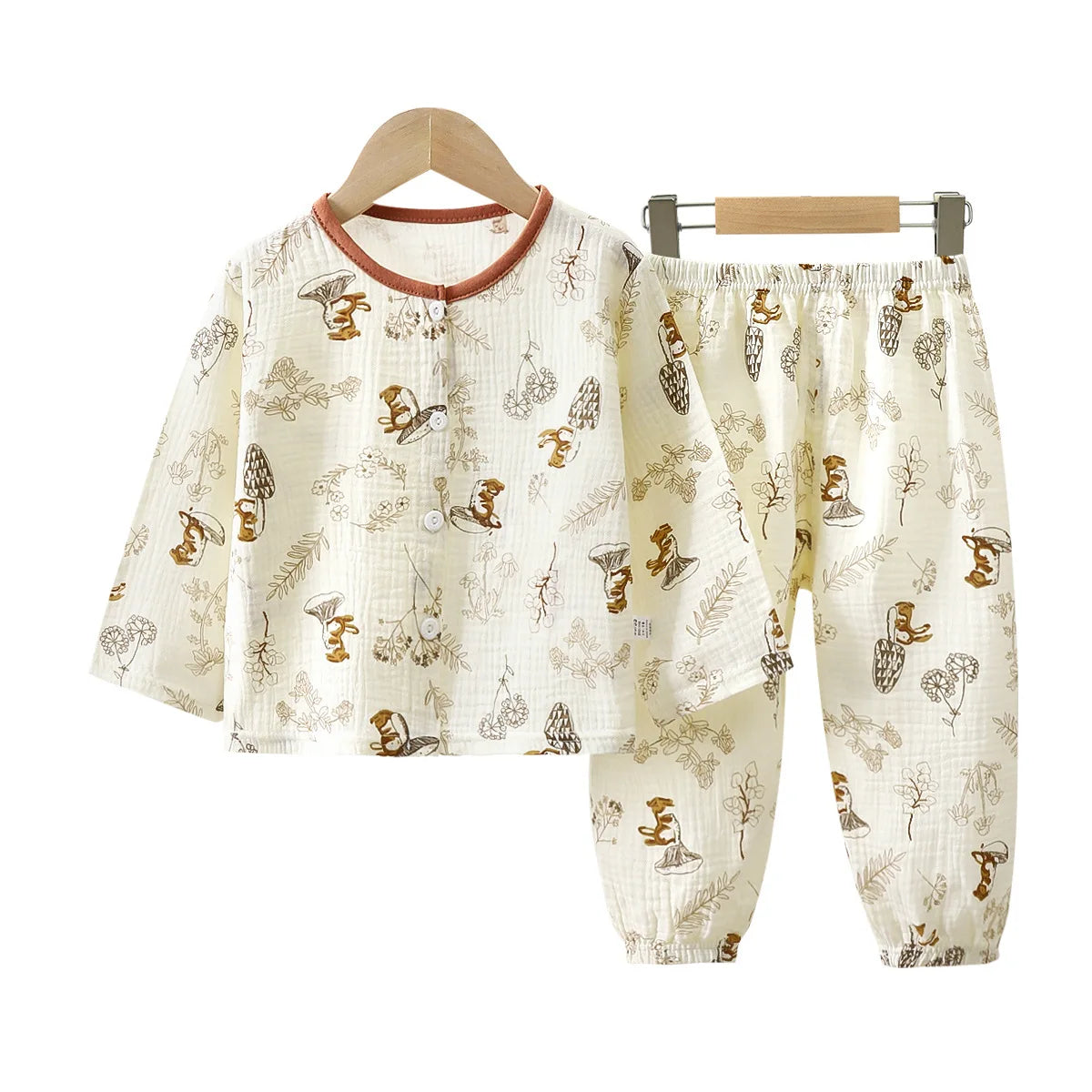 Girls Summer Cotton Gauze Thin Pajamas Home Wear Cartoon Floral Print Long Sleeve Lace Trimmed Sleepwear Baby  Clothing Set