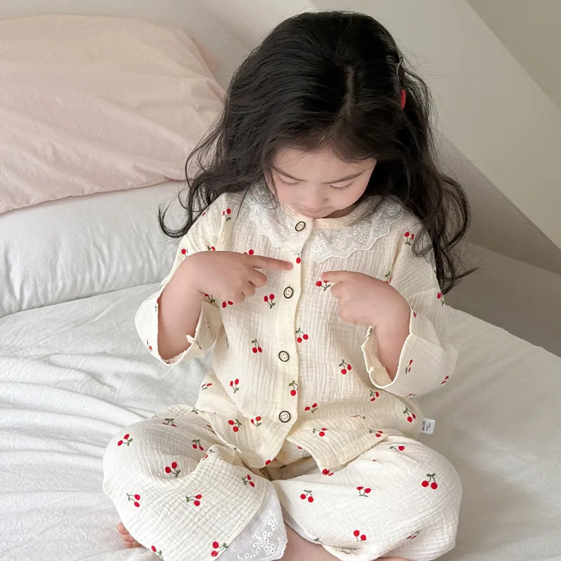 Girls Homewear Set Mom Daughter Family Matching Clothes Suit Lace Princess Pajama Muslin Cotton Outfit Baby Sleepwear Tops+Pants