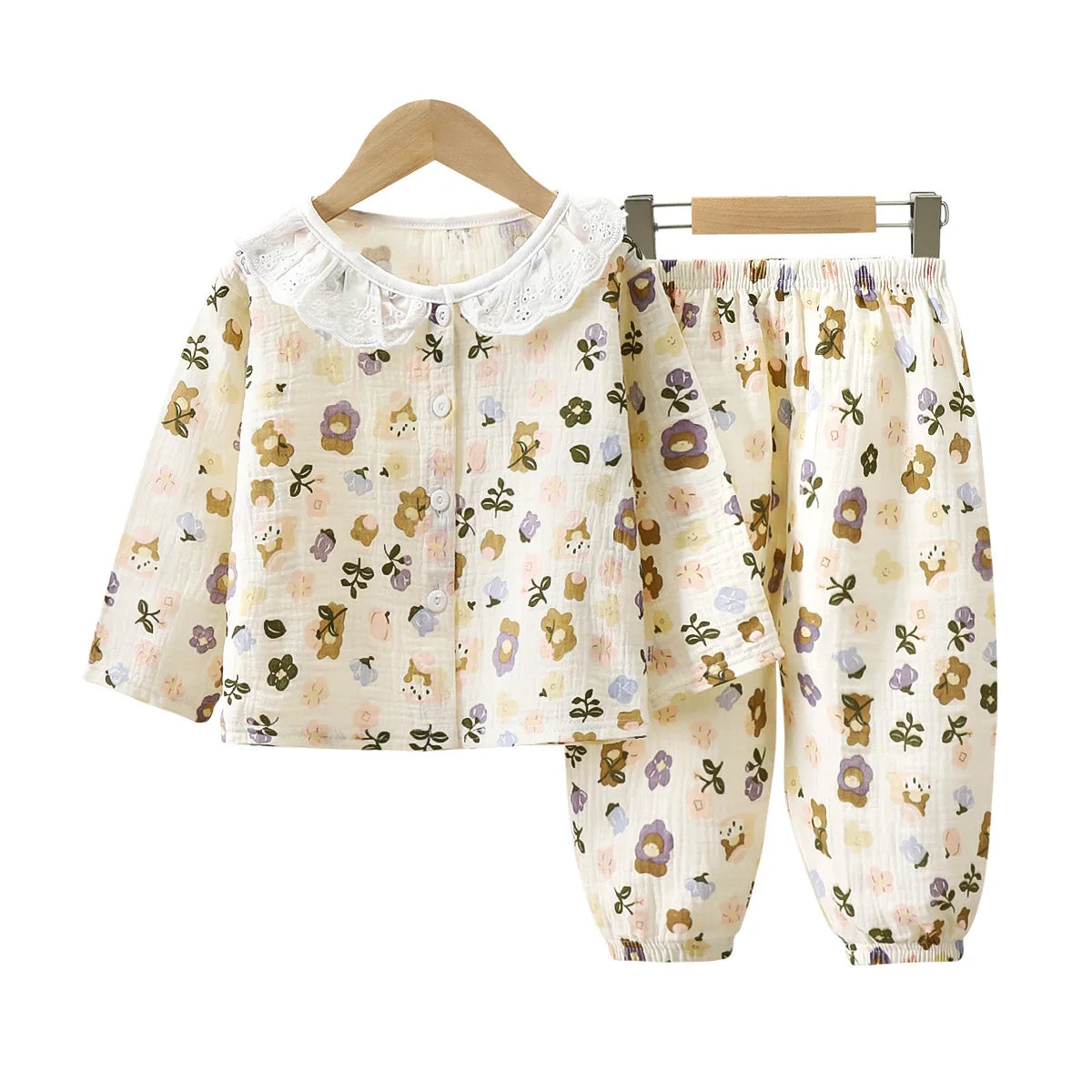Girls Summer Cotton Gauze Thin Pajamas Home Wear Cartoon Floral Print Long Sleeve Lace Trimmed Sleepwear Baby  Clothing Set