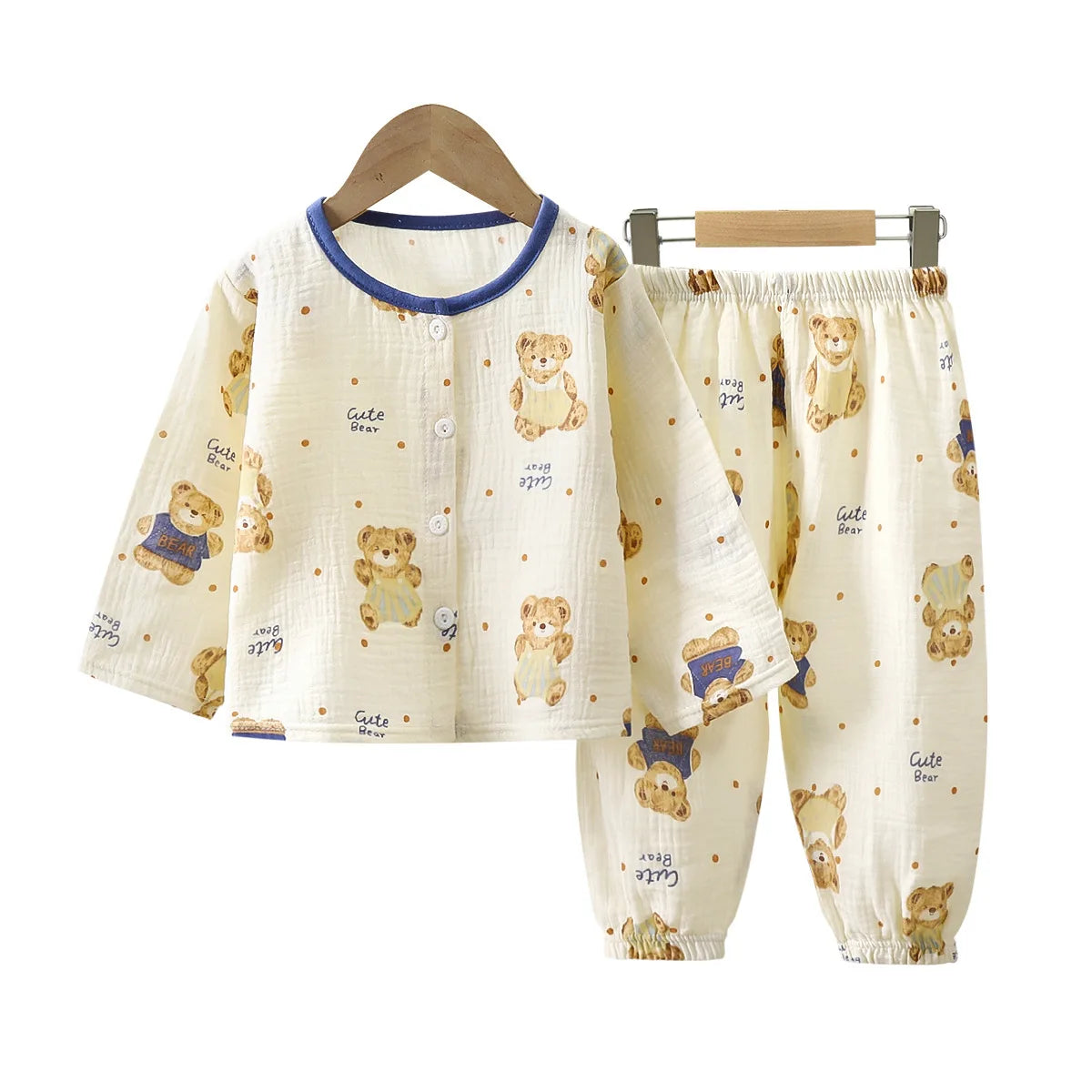 Girls Summer Cotton Gauze Thin Pajamas Home Wear Cartoon Floral Print Long Sleeve Lace Trimmed Sleepwear Baby  Clothing Set