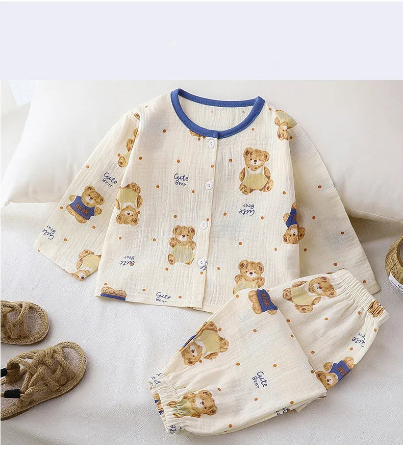 Girls Summer Cotton Gauze Thin Pajamas Home Wear Cartoon Floral Print Long Sleeve Lace Trimmed Sleepwear Baby  Clothing Set