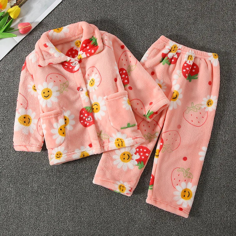 Thickened Warm Children Pajamas Autumn Winter Flannel Girls Home Wear Set Boys Long-Sleeved Cardigan Sleepwear Boys Small Medium