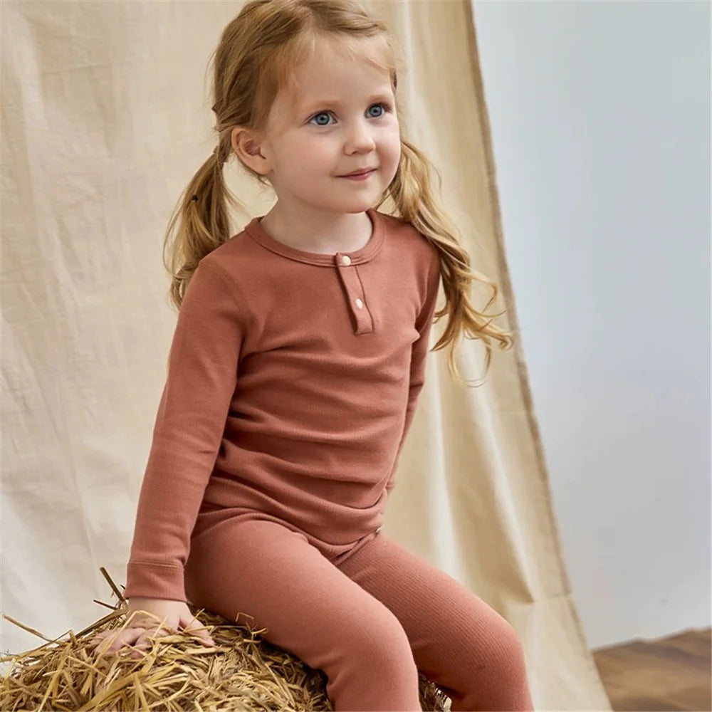 Spring Autumn Toddler Pajamas Suit Solid Color Cotton Kids Tops + Leggings Baby Boy Girl Clothes Suit