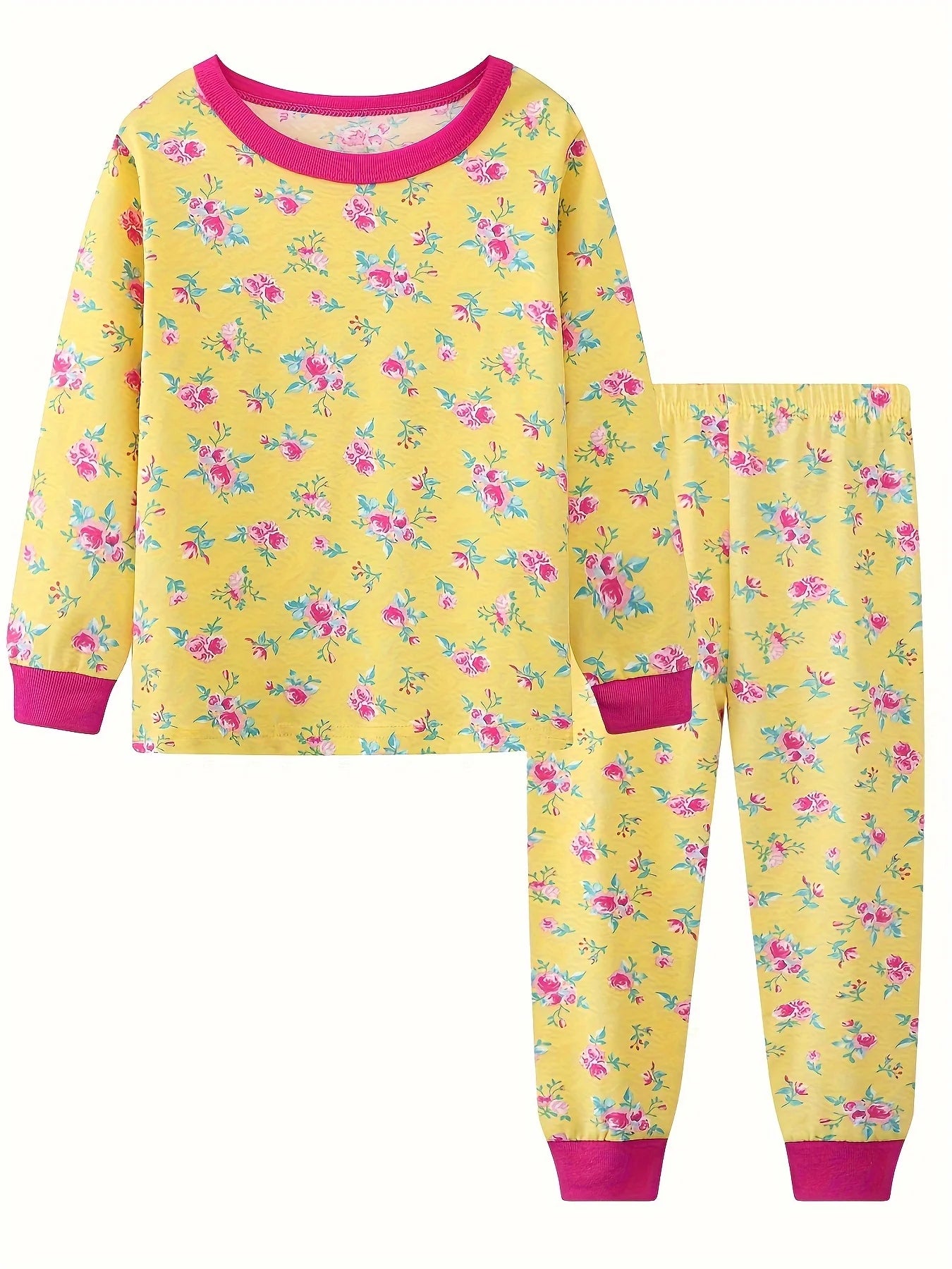 Girls Flowers Print Long-sleeved Two-piece Pajamas Sets For Girls