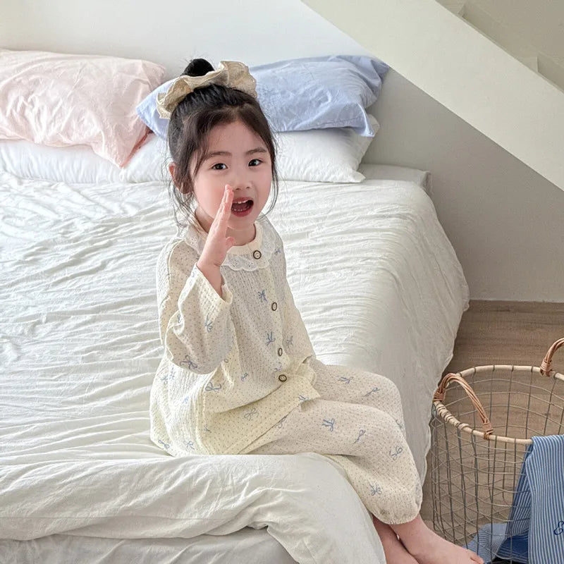 Girls Homewear Set Mom Daughter Family Matching Clothes Suit Lace Princess Pajama Muslin Cotton Outfit Baby Sleepwear Tops+Pants