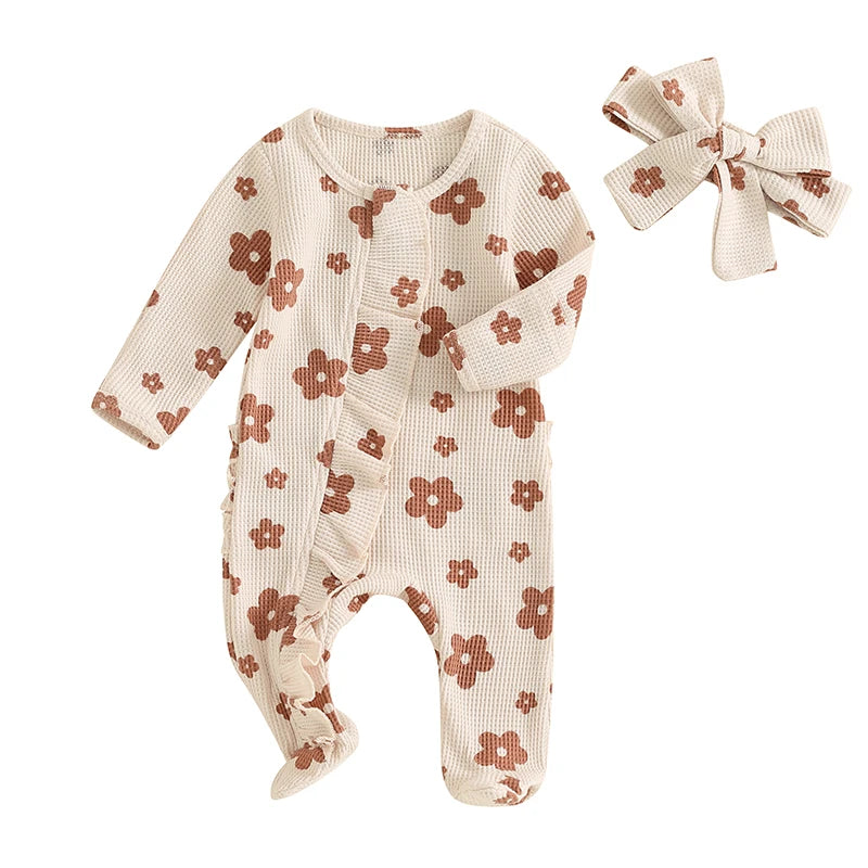 FOCUSNORM Lovely Baby Girls Boys Romper Sets 0-12M Long Sleeve Flowers Print Frills Zipped Ruffles Footies Jumpsuit Headband