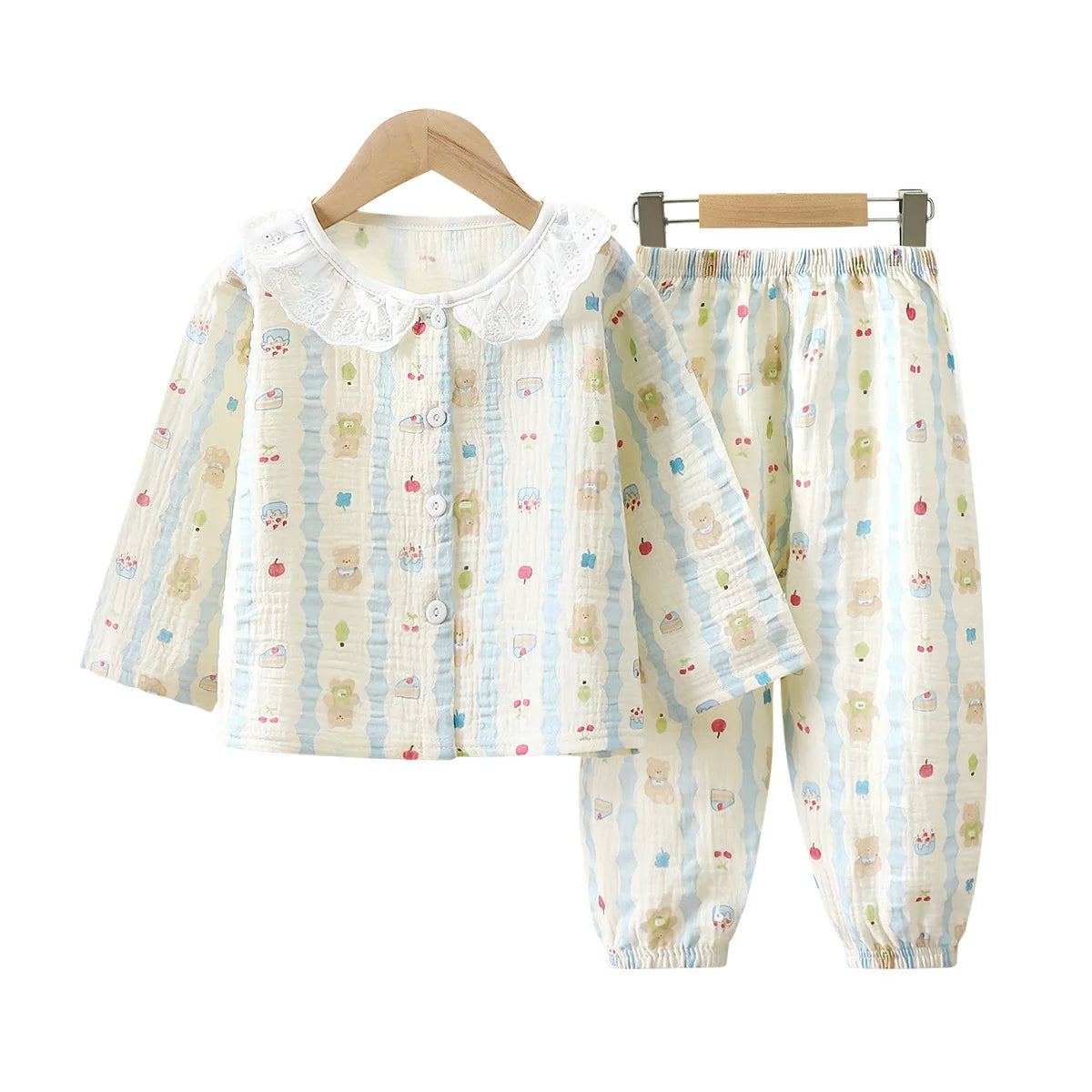 Girls Summer Cotton Gauze Thin Pajamas Home Wear Cartoon Floral Print Long Sleeve Lace Trimmed Sleepwear Baby  Clothing Set
